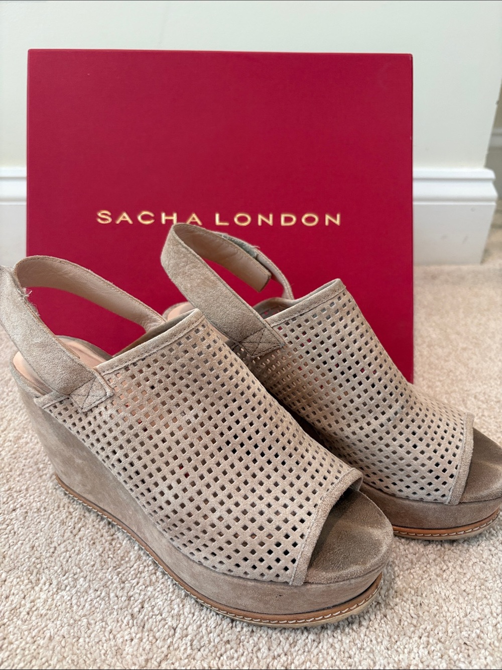 Sacha London Taupe Suede Perforated Slingback Wedge Sandals